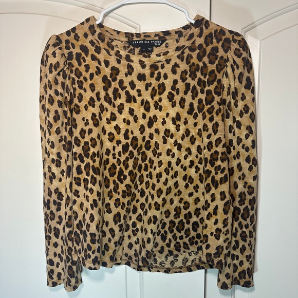 Veronica Beard Porter Leopard Puff Sleeve Tee Brown Womens Med Boho Pima Cotton - Picture 2 of 5
